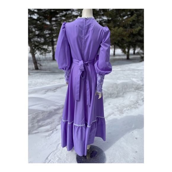 Vintage 70s Prairie Style Maxi Dress Lilac Lace Cottagecore Farmcore M - Picture 7 of 15
